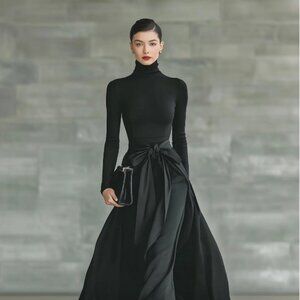 Women's Black High-Neck High-Stretch Knitted And Satin Flared Maxi Dress  Small